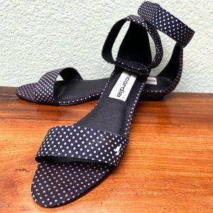 Concordia Dark Blue  and Tan  Polka Dot flat sandals Sz 9.5 Ankle Strap NWOB